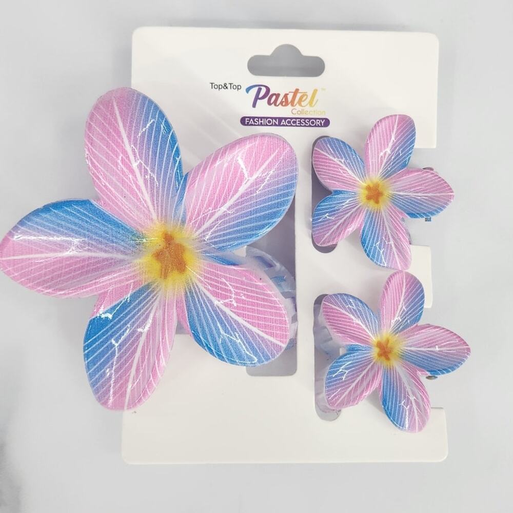 3 pc Hawaiian Flower Claw Clip Set - Hair Accessories Light Blue & Pink Plumeria
